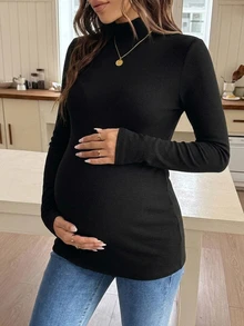 Dazy Maternity Solid Color Slim Fit Elastic Long Sleeve Casual Home Daily Vacation Spring Autumn Top Maternity High Neck Long Sleeve T-Shirt - Black - View 5