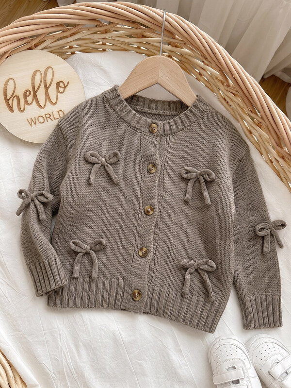 SHEIN Genç Kızlar İçin Günlük Casual Moda Sonbahar/Kış Fiyonklu Örgü Üst, Uzun Kollu Hırka, Okula Dönüş Kazağı