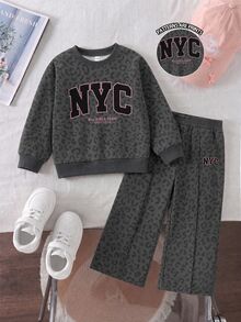 Baby Girl Fashion Casual Colorblock Letter & Leopard Print Crew Neck Long Sleeve Sweatshirt & Leopard Print Letter Wide Leg Pants Set, Soft Fabric, Suitable For Outings In Autumn/Winter - Multicolor - View 6