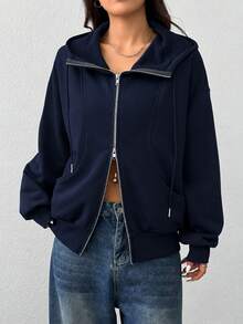 SHEIN EZwear 女款前拉鍊長袖口袋連帽衛衣 - 藏蓝色 - 查看 6