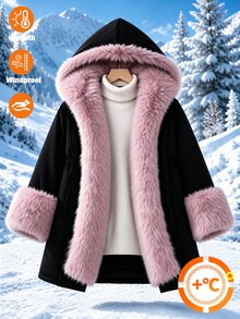 SHEIN 少女款毛毛領連帽派克夾克外套 抽繩收腰長版冬季保暖大衣 - 黑色 - 查看 6