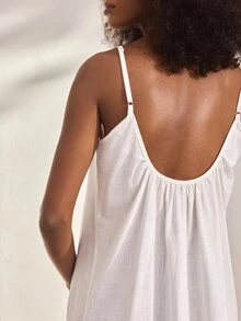 Ocili White Pure Cotton Short Slip Dress, Simple Comfortable Spaghetti Strap Women's Loungewear Dress - White - View 3