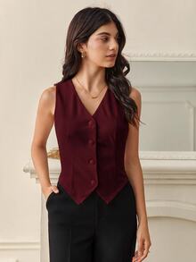 SHEIN Tall 秋冬款純色鈕扣前襟背心西裝外套 - 酒紅色 - 查看 1
