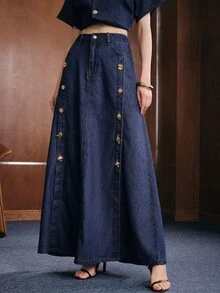 Anewsta Women's Fashion New Gorgeous Decorative Buckle Blue Jeans Skirt - Blue - View 3