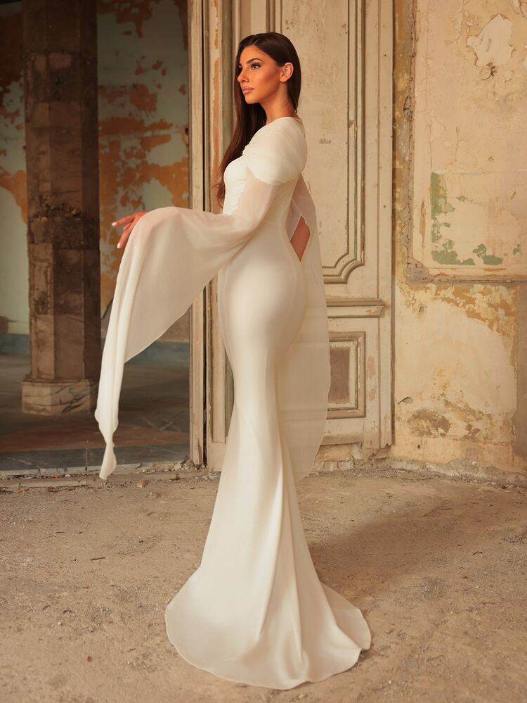 Aureia Elegant Luxurious White Knit & Chiffon Patchwork Rhinestone Chain Decor Round Neck Flared Sleeve 2 In 1 Mermaid Tail Train Wedding Dress - White - View 3