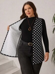 EMERY ROSE Plus Size Women's Polka Dot Pattern Open Front Vest Jacket - Black and White - View 9