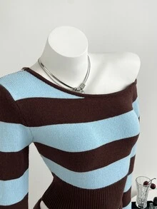 Elamini Women's Casual Versatile Fitted Color-Block Striped Daily Commute Outfit Autumn/Winter Asymmetrical Shoulder Sweater 2 Pieces Set - Multicolor - View 5