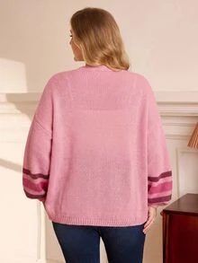 EMERY ROSE Plus Size Women's Colorblock Casual Versatile Daily Cardigan - Pink - View 7