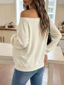 DAZY Solid Color Loose Asymmetrical Shoulder Long Sleeve Casual Vacation Korean Style Spring Autumn Maternity T-Shirt - Yellow - View 2