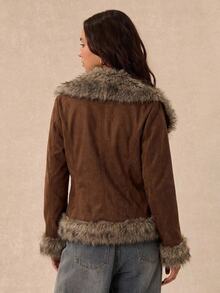 Easelle Women's Autumn/Winter Fashion Retro Fuzzy Patchwork Jacket - Brown - View 5