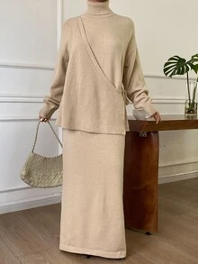 Strévra Women's Winter Apricot Round Neck Long Sleeve Slim Fit Waist Ribbed Knit Elegant Sweater Dress - Apricot - View 4