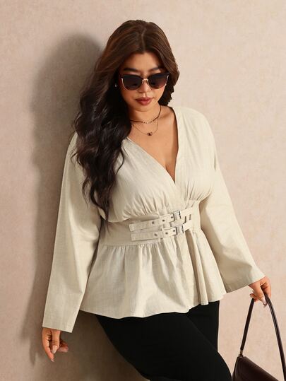 Elaquor Plus Size Women's Solid Color Long Sleeve Waist Grommet Buckle Design Casual Shirt Casual Daily Going Out Blouse For Women Fall/Winter Casual Work