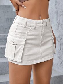 SHEIN ICON 女款休閒日常牛仔迷你裙，附口袋與鈕扣設計 - 米色 - 查看 1