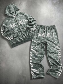ROMWE MEN Street Life Jungle Green Camo Patchwork English Letter Zipper Hoodie And Sweatpants 2 Pieces Set, Street, Sports, Fashion - Multicolor - View 6