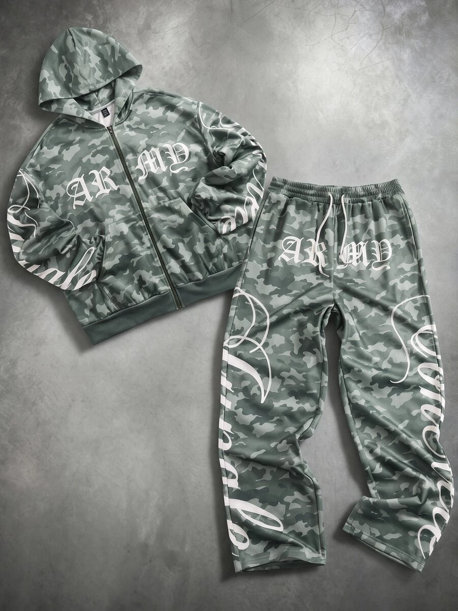 ROMWE MEN Street Life Jungle Green Camo Patchwork English Letter Zipper Hoodie And Sweatpants 2 Pieces Set, Street, Sports, Fashion - Multicolor - View 1