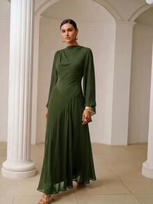 ZEYLAH Asymmetrical Fitted Diagonal Cut Long Dress With Oversized Sleeves, Spring - Army Green - View 4