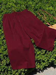 Comfortcana 大尺碼女款純色休閒百搭日常穿著長褲 - 酒紅色 - 查看 4