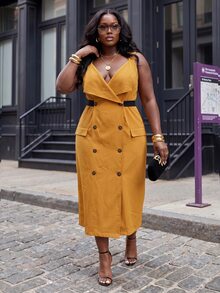 Slaydiva Plus Size Mustard Yellow Double-Breasted Blazer Vest Dress - Yellow - View 7