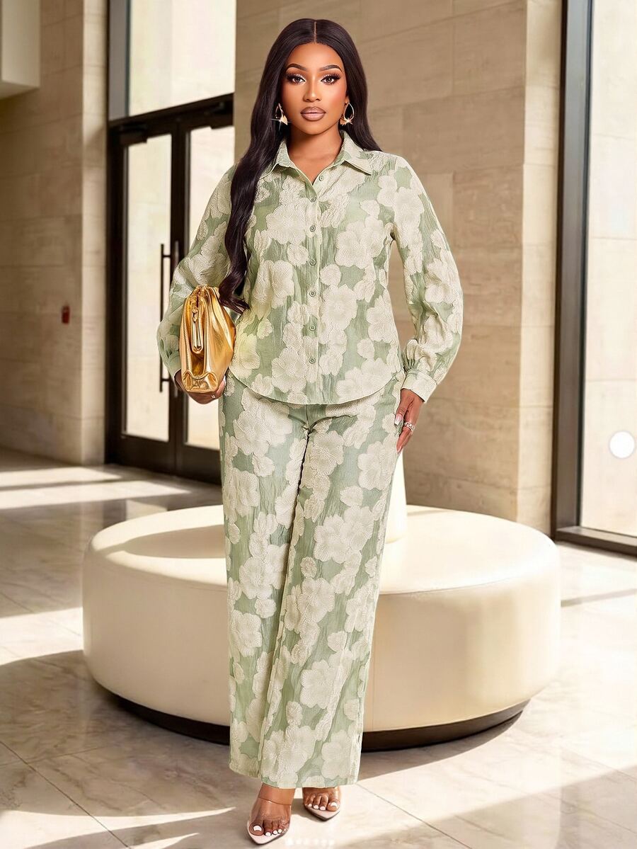 Brilight Floral Embossed Lapel Long Sleeve Button Shirt High Waist Wide Leg Pants For Vacation Brunch Daily O - Green - View 1