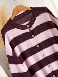 Elaquor Plus Size Women's Striped Drop Shoulder Long Sleeve Single-Breasted Knit Cardigan - Multicolor - View 5
