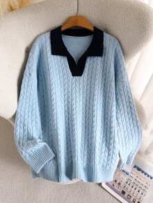 Elaquor Plus Size Elegant Traditional Navy Blue Commuter Date Club Formal Versatile Casual Minimalist Cable Knit Sweater Pullover Women Autumn/Winter - Blue - View 5