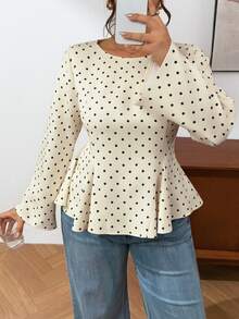 Lounesse Plus Size Women's Round Neck Long Sleeve Polka Dot Design Fashion Cinched Waist Flared Hem Shirt Office Formal Beige Autumn Elegant Traditional Fall - Apricot - View 6