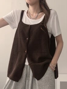 DAZY Women's Front Button Camisole Knit Top - Brown - View 4