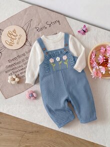 SHEIN 新生女嬰可愛多功能休閒刺繡連身衣，四季皆宜 - 霧霾藍 - 查看 6