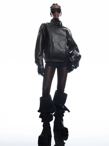 LYSMO Women's Solid Color PU Leather Long Sleeve Loose Casual Jacket - Black - View 4