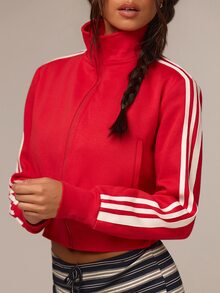 Athîral Women's Casual Sports Colorblock  Webbing Funnel Neck Zip-Up Long Sleeve Sweatshirt For Fall Winter,Cool Girl ,Casual Street Going Out Gym, Christmas - Red - View 6
