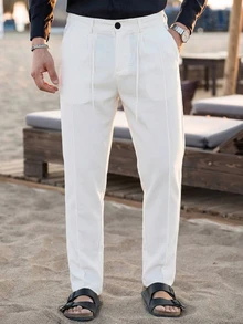 Genlund Men's Mature Casual Solid Color Tapered Plus Size Dress Pants, Best Choice For Holiday Gift - White - View 3