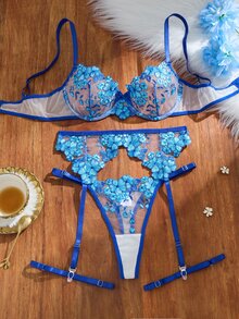 SHEIN 女款性感內衣 藍色 4件套 - 藍色 - 查看 3