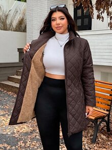 SHEIN EZwear 冬季大尺碼保暖內裡加厚中長版大衣 - 巧克力棕 - 查看 4