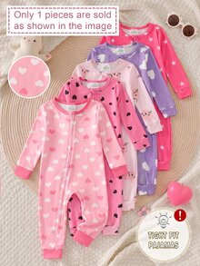 Infant Girl Comfortable Soft Heart Pattern Snug Fit Footed Romper, Cute Cow Print Long Sleeve Zippered Bodysuit, Soft Skin-Friendly Spring/Autumn Home Wear - Dusty Pink - View 1