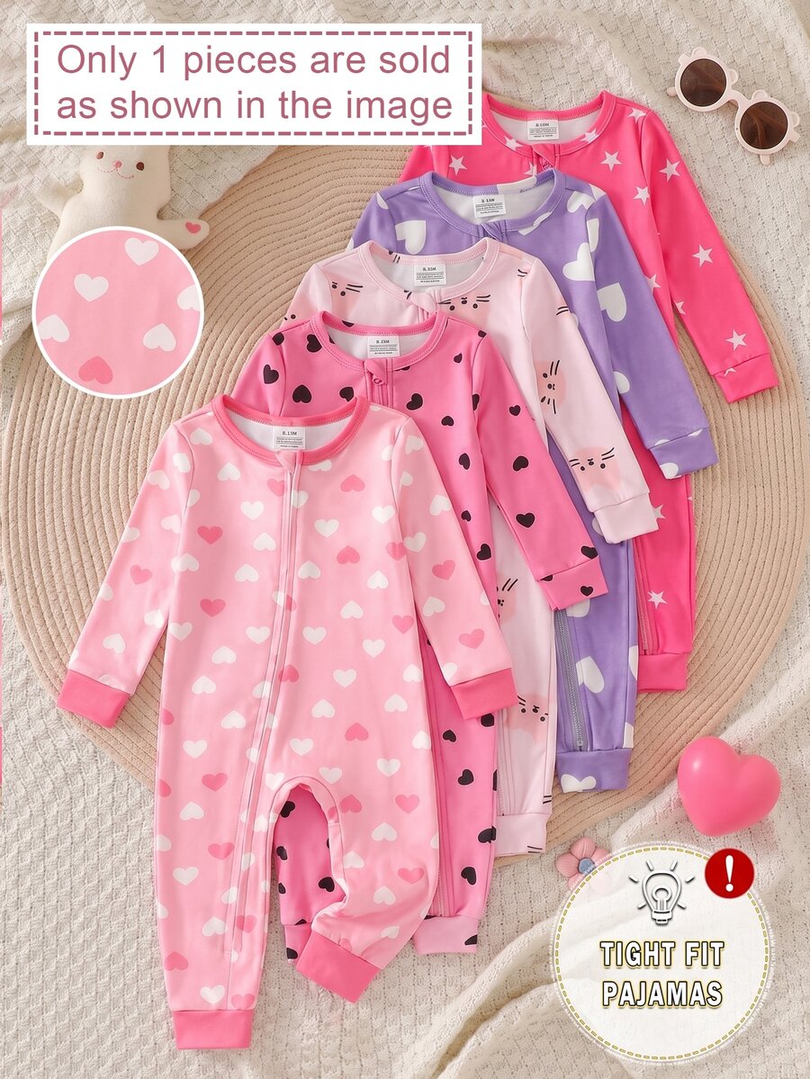 Infant Girl Comfortable Soft Heart Pattern Snug Fit Footed Romper, Cute Cow Print Long Sleeve Zippered Bodysuit, Soft Skin-Friendly Spring/Autumn Home Wear - Dusty Pink - View 1