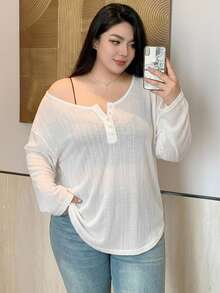 REIGN AVE Solid Color Large Scoop Neck Half-Placket Long Sleeve T-Shirt Spring/Summer - White - View 4