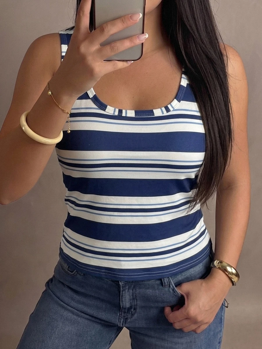 Dazy Plus Solid Color Elastic Fitted Versatile All-Match Tank Top Plus Size Women Spring Summer Camisole - Blue and White - View 1