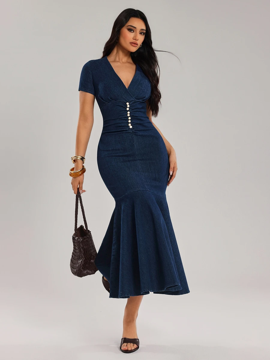 Rivivi Women's V-Neck Short Sleeve Fitted Elegant Denim Dress With Fishtail Hem - Blue - View 1
