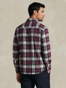 Lornavo Men's Plaid Long Sleeve Single-Breasted Casual Pocket Shirt Work White And Navy Autumn - Dusty Purple - View 2