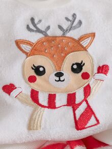 SHEIN Playful Pals 2件組女嬰可愛紅白馴鹿條紋毛絨套裝，長袖圓領加厚衛衣褲，冬季秋季派對服飾 - 紅白色 - 查看 8