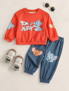 TOM & JERRY X SHEIN Baby Boy Cartoon Print Sweatshirt & Sweatpants Set - Orange - View 1