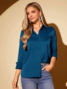 Amorya Women's Elegant Solid Color Acetate Satin Open Front Long Sleeve Blouse - Teal Blue - View 3
