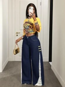 Slaydiva Women's Denim Frog Button Lace Wide Leg Jeans - Blue - View 5