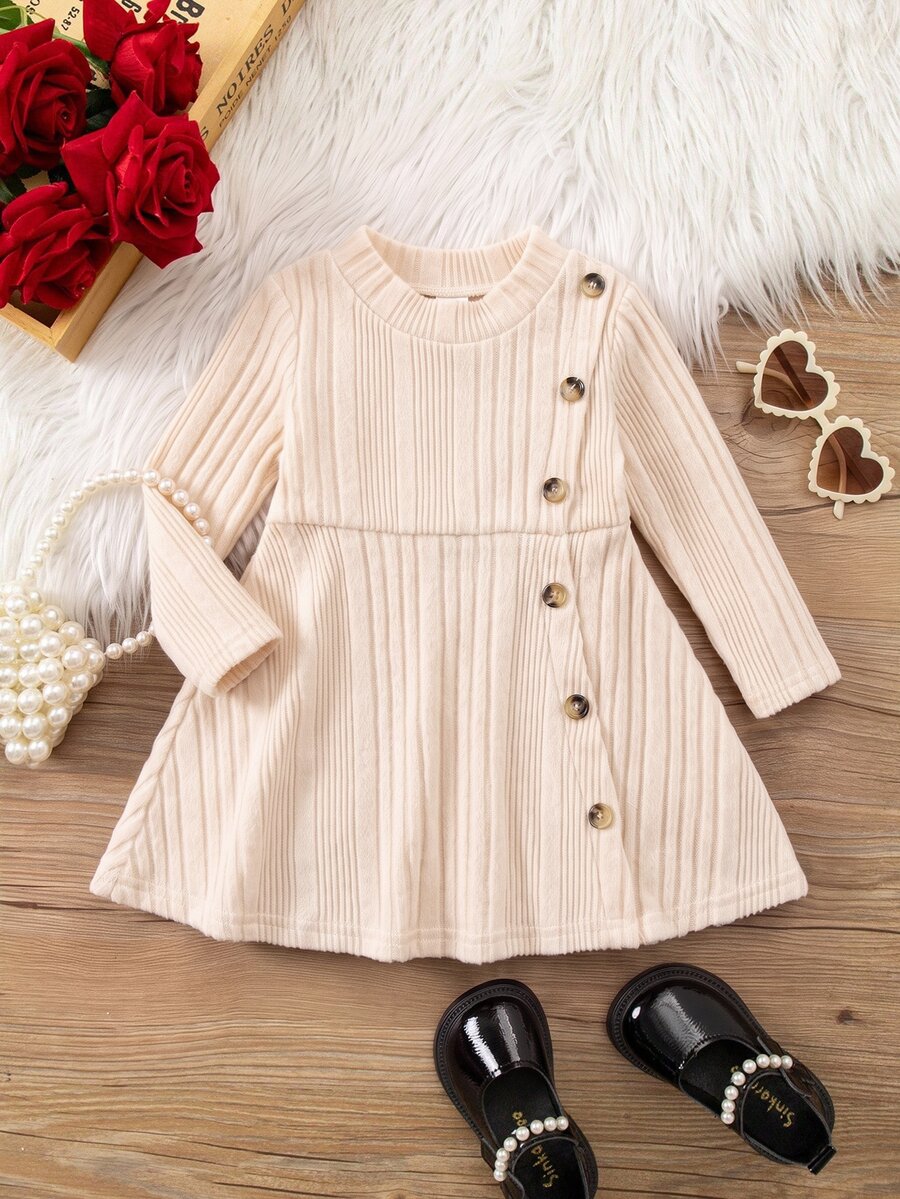 SHEIN Cute Apricot Knitted Long Sleeve Dress With Button Decor For Baby Girls - Khaki - View 1