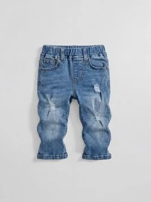 SHEIN Baby Boy Distressed Pocket Casual Versatile Denim Jeans - Light Wash - View 5
