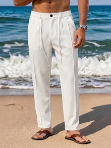 Genlund Men's Mature Casual Solid Color Tapered Plus Size Dress Pants, Best Choice For Holiday Gift - White - View 1