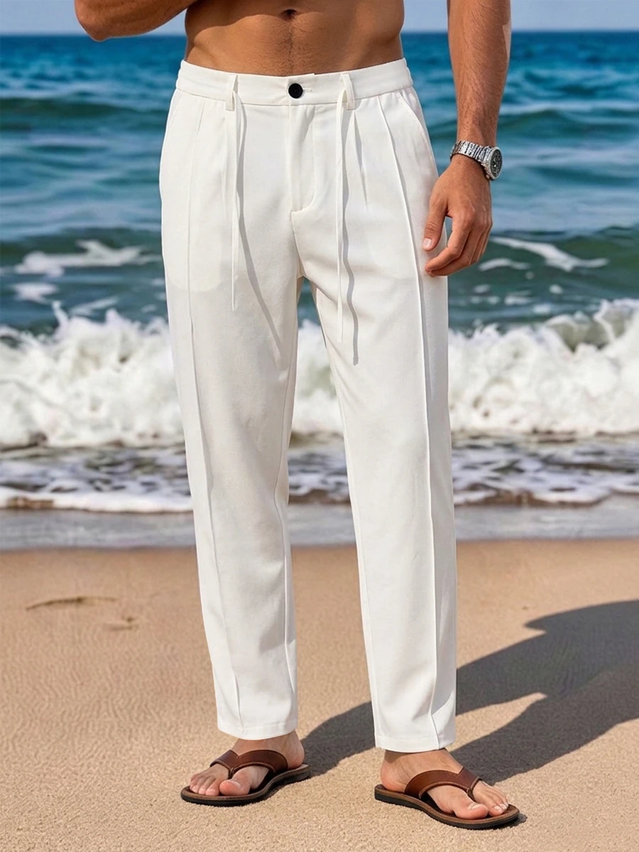 Genlund Men's Mature Casual Solid Color Tapered Plus Size Dress Pants, Best Choice For Holiday Gift - White - View 1