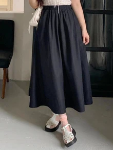 Dazy Plus Elastic Waist Solid Color A-Line Versatile Long Skirt, Fun Commuter Style, Spring/Autumn New Arrival - Navy Blue - View 4