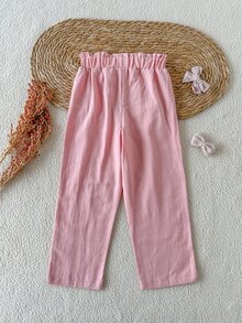 SHEIN 女童春秋花苞腰結休閒長褲，3-7歲，純色寬鬆直筒百搭小女孩長褲 - 粉色 - 查看 2