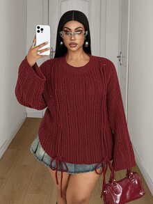 Maweii Sweater Pullover Lengan Lebar Kasual Berlubang dengan Tali Serut untuk Wanita Ukuran Plus - Burgundy - View 4